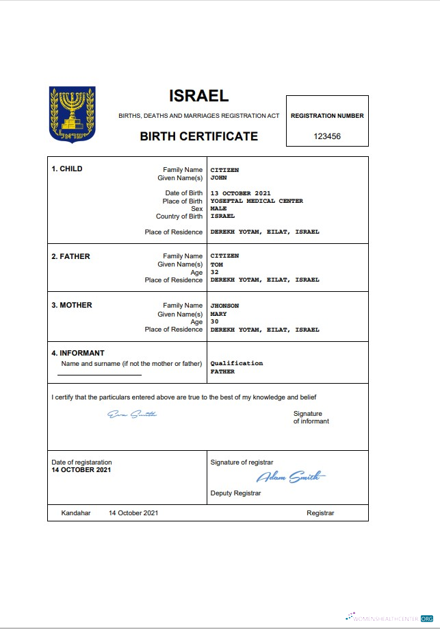 Download Israel vital record birth certificate Word and PDF template Photoshop template
